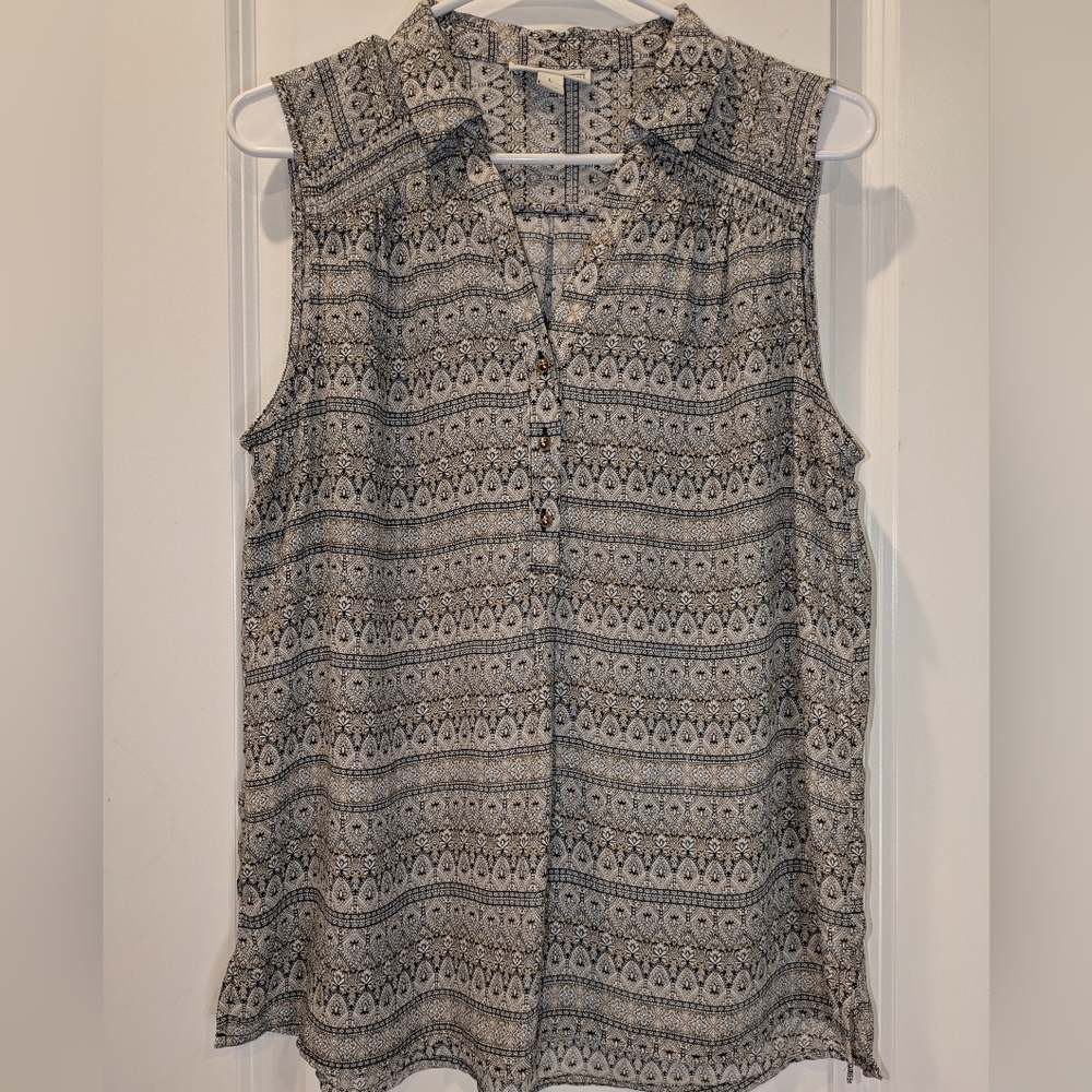 Dana Buchman Sleeveless Blouse Large Black Tan Print Button Front Top
